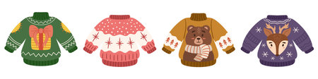 Ugly sweater party. Merry Christmas collection with funny sweaters. Big set with hand drawn falt holidays pullover - bear, deer, giftbox and snowflake pattern.のイラスト素材