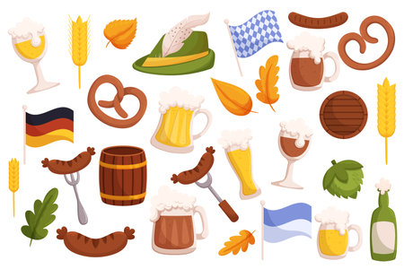 Beer festival elements collection. Set of German traditional fest objects - beer glass mug, grilled sausages, pretzel, flags in traditional colors, Tyrolean hat with feather.のイラスト素材