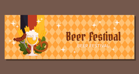 Beer festival horizontal banner template. Design with glass of beer, fork with grilled sausage, pretzel, wheat and leaves, Germany color flag. Light orange rhombus patternのイラスト素材