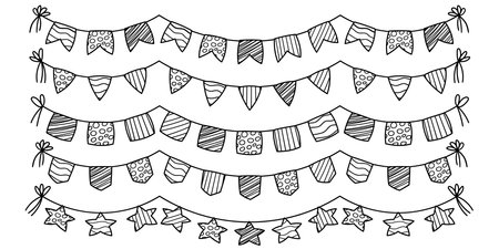 Vector Set of Hand-Drawn Bunting Flags. Doodle Garland with lines, waves line, Polka Dots. Perfect for Holiday Decorations.のイラスト素材