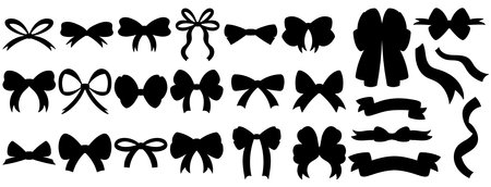 Simple hand drawn ribbon bow collection silhouette. Black color shape. Bowknot for decoration, big set of bowtieのイラスト素材