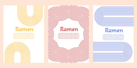Noodle ramen yellow, red and blue texture poster template. Collection with pasta wavy background. Italian spaghetti, macaroni illustrationのイラスト素材