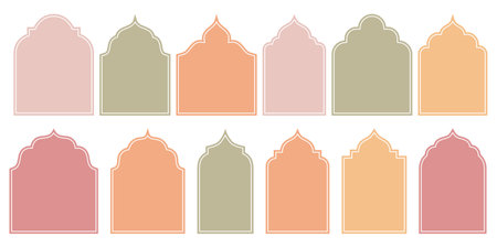 Flat Style Vector Design of Islamic Shape Window Door Frames in Retro Boho Colors. Aesthetic Illustrations Perfect for Various Design Applications.のイラスト素材