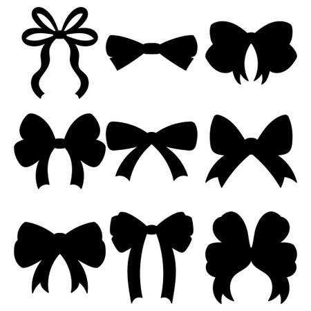 Silhouetted Ribbon Bow Collection in Hand Drawn Flat Style. Black Shapes Ideal for Understated Decorations. A Big Set of Bowties Awaits Your Creative Touch.のイラスト素材