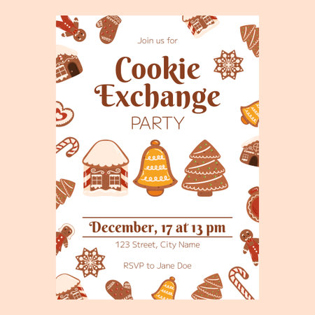Christmas poster template, Invitation for Xmas cookie exchange party. Vertical flyer decorated with gingerbread cookies around the page and three big cookie in center - house, bell and treeのイラスト素材