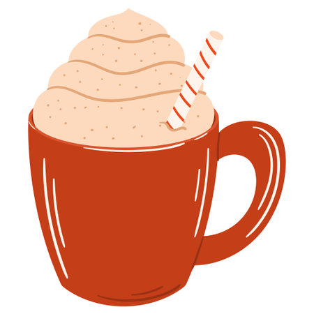 Hot cocoa with whipped cream in a red cup and strawのイラスト素材