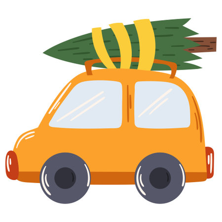 Yellow car with a Christmas tree on the roofのイラスト素材
