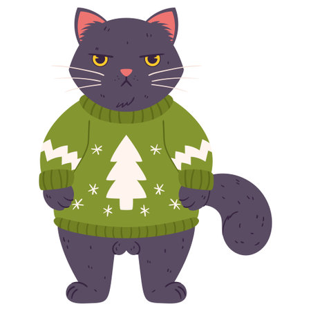 A disgruntled cat stands in a Christmas sweater. Grumpy Fluffy brown colored Cat wearing a green sweater and a drawing of a pine tree on it.のイラスト素材