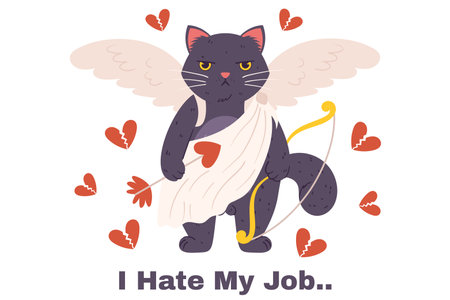 Grumpy cupid cat stands in a white cloth, holding arrow and bow in paw with wings behind him. Annoyed character who doesnt like Valentines Day And Text - I Hate My Jobのイラスト素材