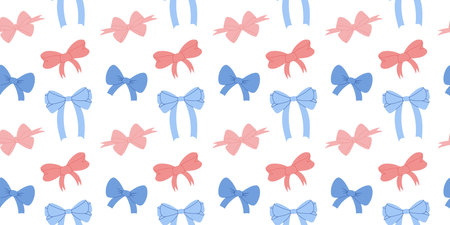 Elegant Seamless Pattern Featuring Simple Pink And Blue Ribbon Bows for Fashion Textile or Wallpaper Background. Vector Illustration for a Baby reveal Party Design.のイラスト素材
