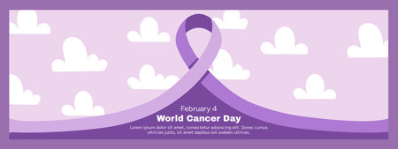 Promote Cancer Awareness Moth Banner Concept. Featuring Purple Ribbon Symbol of Cancer, Horizontal Template is Ideal for Health Campaigns on Social Media and Websites. With white clouds on backのイラスト素材