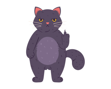 Grumpy cat a fat fluffy feline gray with yellow eyes. A frustrated character who doesn't like anything And he shows paw with his middle fingerのイラスト素材