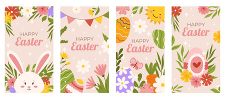 Easter collection of vertical social media template. Design for celebration spring holiday with flowers, bunny, butterfly, sun and painted eggsのイラスト素材