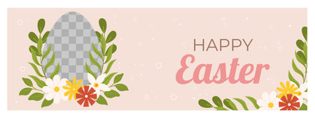 Easter horizontal banner template. Design for celebration spring holiday with transparent frame for photo and flowers around.のイラスト素材