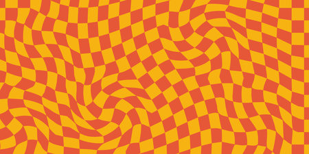 Groovy Checkerboard Waves Patterns. Twisted and Distorted Vector Textures Bring a Trendy Retro Psychedelic Style. Perfect for Y2K Aesthetic in Oranges Color Palettesのイラスト素材