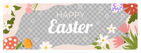 Easter horizontal banner template. Design for celebration spring holiday with transparent frame for photo, painted eggs and flowers aroundのイラスト素材