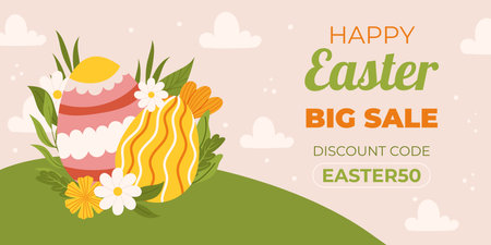 Easter sale horizontal background template for promotion. Design with painted eggs on green grass field with flowers and leaves. Spring seasonal advertising. Hand drawn flat vector illustrationのイラスト素材