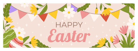 Easter horizontal banner template. Design for celebration spring holiday with flowers, painted eggs, bunting garland with colorful flags.のイラスト素材
