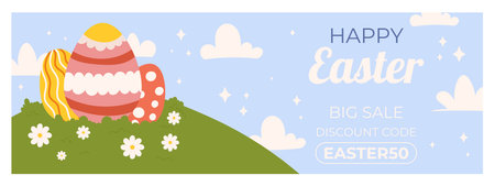 Easter sale horizontal banner template for promotion. Design on sky blue background with painted eggs and green grass, white daisy and cloudsのイラスト素材