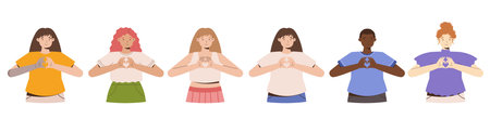 IWD Inspire Inclusion campaign, International Women's Day 2024 collection features a diversity of women making the heart gesture with their hands. Vector hand drawn illustration in flat style.のイラスト素材