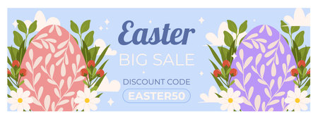 Easter sale horizontal banner template for promotion. Design on sky blue background with painted eggs, leaves and flowersのイラスト素材