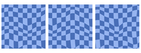Set of Square Retro Groovy Wavy Psychedelic Checkerboard Check Y2K 90s Background. Blue Color...