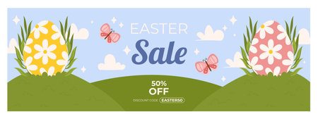 Easter sale horizontal banner template for promotion. Design on sky blue background with green grass field, painted eggs and butterflyのイラスト素材