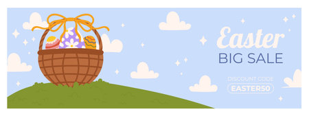 Easter sale horizontal banner template for promotion. Design on sky blue background with green grass field, painted eggs in basketのイラスト素材