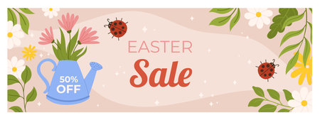 Easter sale horizontal banner template for promotion. Design with watering cane as vase, flowers around and cute ladybugのイラスト素材