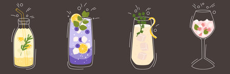Collection with different taste lemonade and various of glasses shapes. Lemon, blueberry, thyme and rose petals. Vector illustration in outline and flat color style on dark backgroundのイラスト素材