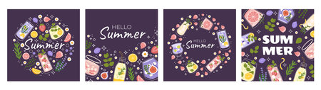 Set of four square post featuring vibrant, refreshing drinks with citrus, berries, and floral elements, purple background. Text Summer, decorative elements like daisies, leaves, fruit slicesのイラスト素材