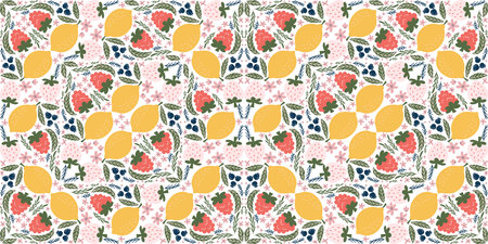Vibrant seamless pattern featuring white strawberries, raspberries, lemons, blackberries, pink...