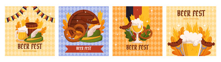 Beer festival square social media post collection template. Design with glass of beer, wheat and leaves, banner ribbon and other festive objects on light rhombus backgroundのイラスト素材