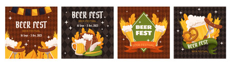 Beer festival square social media post collection template. Design with glass of beer, wheat and leaves, banner ribbon and other festive objects on dark rhombus backgroundのイラスト素材
