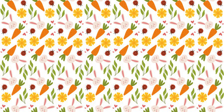 Easter pattern with bunnies and flowers in a cute, hand-drawn vector style. Ideal for textiles,...