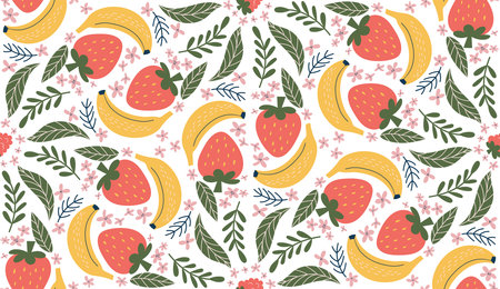 Whimsical seamless pattern featuring illustrations of bananas, red strawberries, pink flowers, and...