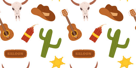 Seamless pattern western elements cowboy hats, cacti, guitars, bull skulls, dynamite sticks, and sheriff badges. Design is perfect for use in textiles, wallpapers, and other Wild West themeのイラスト素材