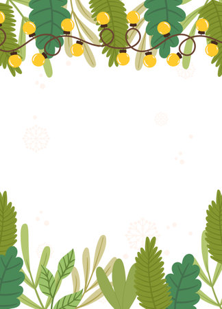 Festive Poster template featuring yellow string lights, greenery, and snowflakes framing a blank space on a peach background.のイラスト素材
