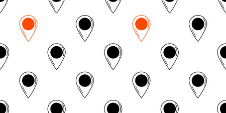 Seamless pattern of black and red location pins on white background. Hand-drawn doodle style. Map navigation concept for design and printのイラスト素材