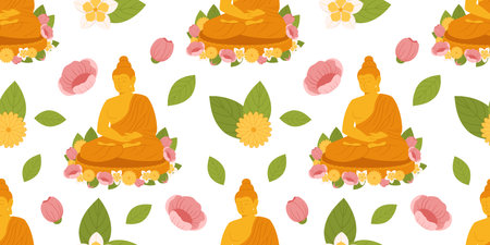 Seamless Pattern of Buddha with Floral and Leaf Motifs in a Vibrant Zen Design for Meditation, Spirituality, and Decorative Backgroundsのイラスト素材