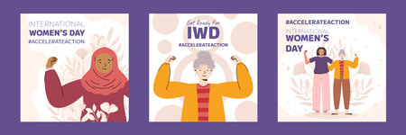 IWD 2025 Illustrated Women Celebrating International Women's Day, Diverse Feminism Concept, Social Media Posts, Empowerment Art, Activism Design, Accelerate Action Campaign Graphicsのイラスト素材