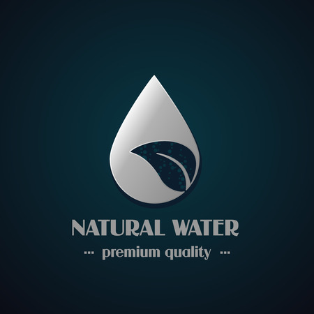 Vector chrome drop symbol with leaf on dark background, natural label for mineral water - illustrationのイラスト素材