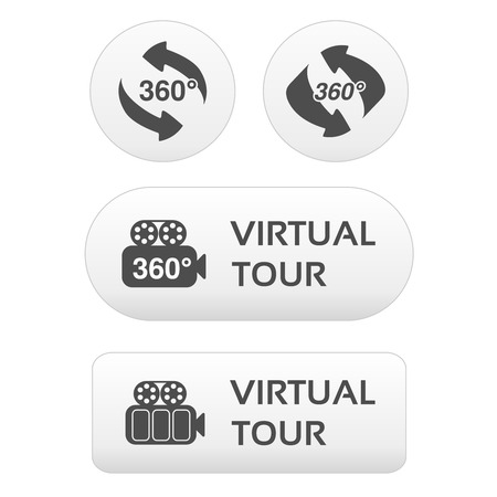 Vector buttons for virtual tour, white labels - stickers with arrows and camera - illustrationのイラスト素材