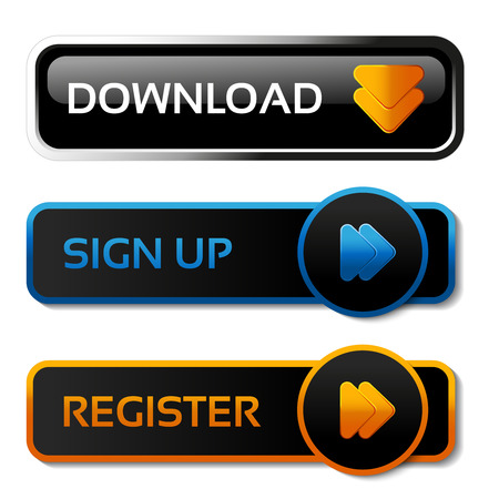 Vector download, sign up and register black buttons with arrows - labels on the white background - illustrationのイラスト素材