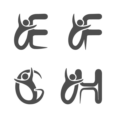 Vector font alphabet with symbol of human - simple letters - E, F, G, H - illustrationのイラスト素材