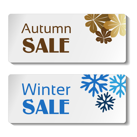 Vector paper autumn and winter sale label, white sticker with brown leaves and blue snowflakes - illustrationのイラスト素材