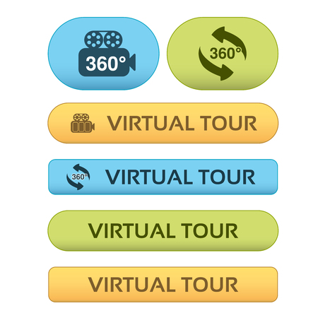 Vector buttons for virtual tour, blue, green and orange labels - stickers with arrows and camera - illustrationのイラスト素材
