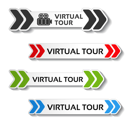 Vector buttons for virtual tour, black, red, green and blue labels - stickers with arrows - illustrationのイラスト素材