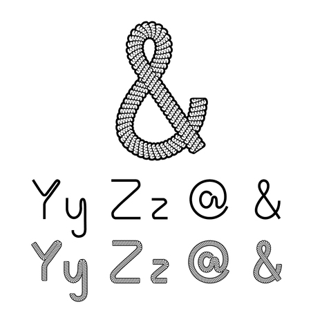 Vector twine font alphabet - simple rope letters - Y, y, Z, z, &, @ - at sign - illustrationのイラスト素材