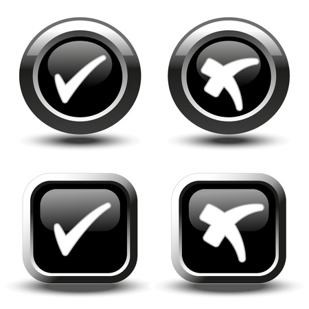 Vector black buttons with white simple check mark symbols, square and circle buttons - illustrationのイラスト素材